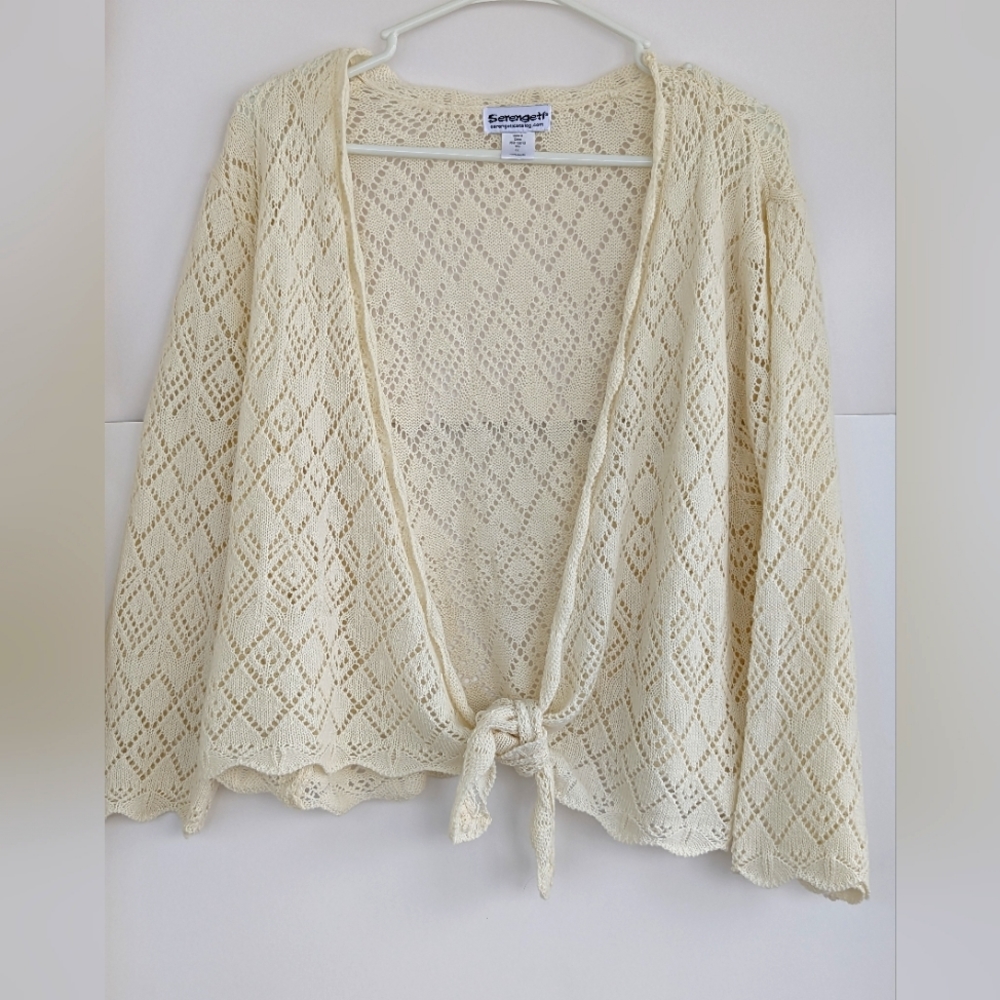 Serengeti 1X White Cream Lace Knit Shawl Sweater Tie Front 100% Acrylic